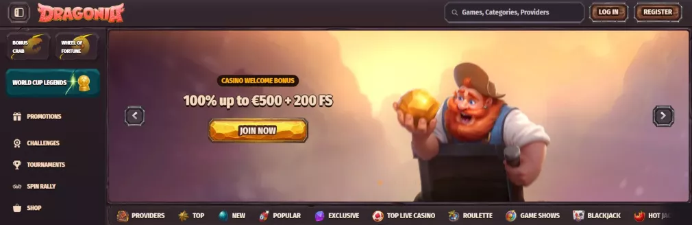 Dragonia Casino — 100% Fino a €500 + 200 Giri Gratis sul primo deposito